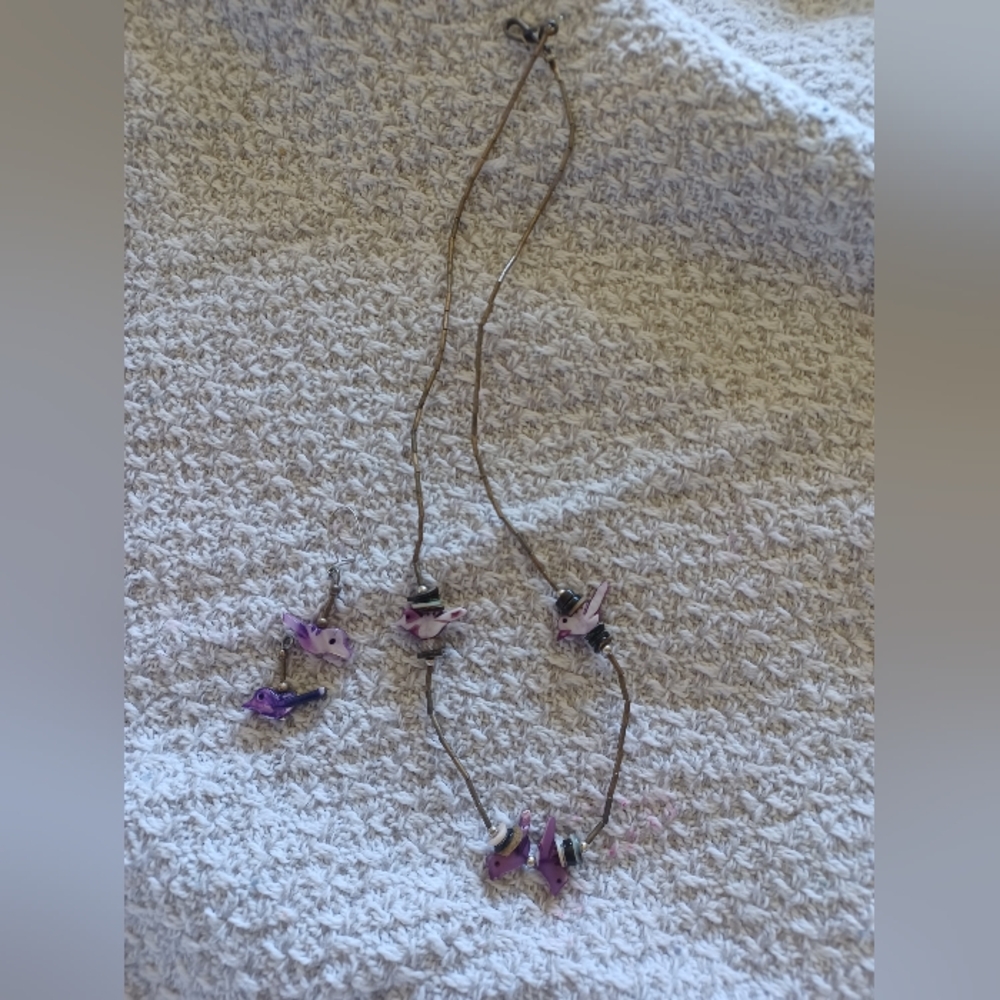 Vintage Native Purple Liquid Silver Bird Fetish Necklace And Earring Set - Picture 6 of 13